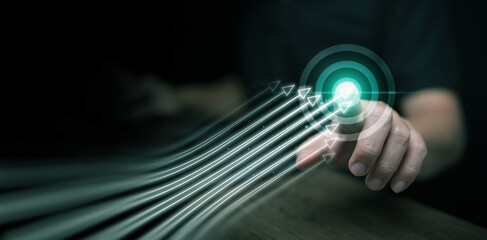 Growth and success concept. Man points at the target as arrows shoot forward. Focused marketing strategy, growing business performance, goal setting, competitive advantage, and emerging new economy.