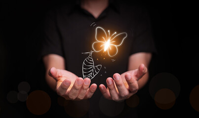Growth and transformation concept. Man with butterfly emerging from cocoon. Business rebranding, corporate evolution, self inner peace, growing mindset, new start, personal development, and freedom.