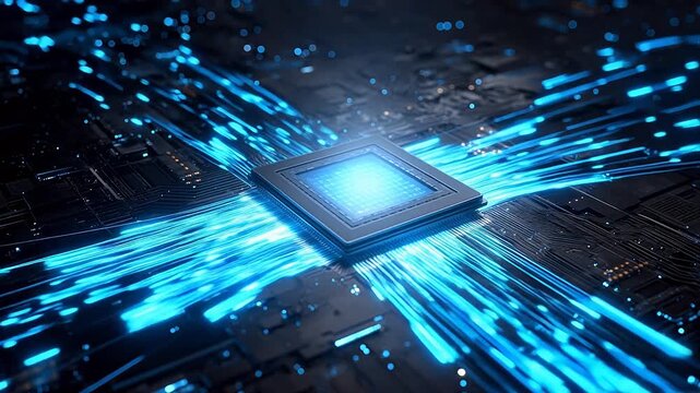Microchip with glowing data streams