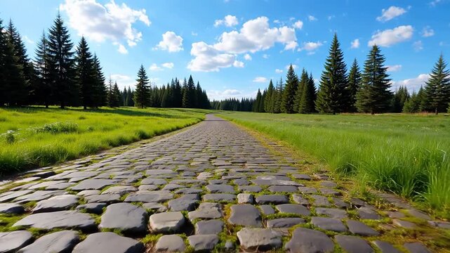 Cobblestone path through green forest