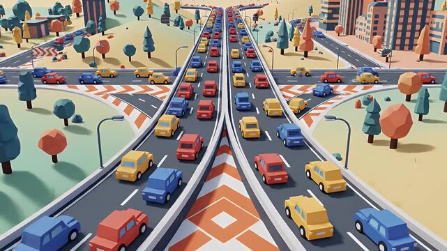 Cartoon style busy highway traffic in a modern city