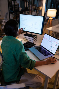 Woman analyzes stock market data on computer screens.