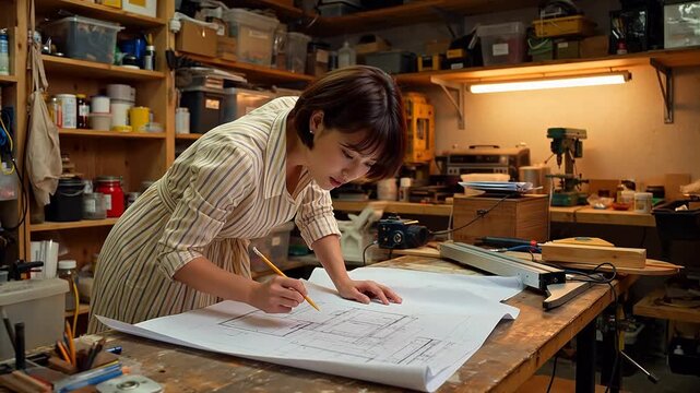 Woman working on blueprints in workshop