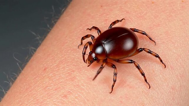 Brown beetle on human skin