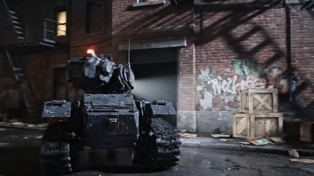 Armored Vehicle in Urban Alleyway - A Nighttime Scene.