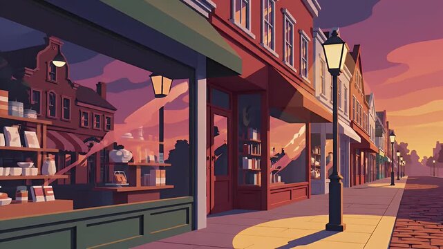 Charming town street with shops and lampposts at sunset