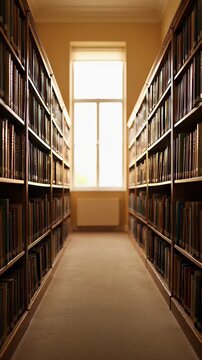 Cinematic dolly shot moving through a quiet library aisle lined with wooden bookshelves and books towards a bright window, illustrating academic research and education concepts.