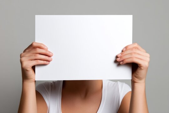 Person Holding Blank Sign in Front of Face Against Gray Background