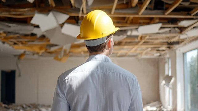 Construction worker in a yellow hard hat stands, looking up at a severely collapsed drop ceiling interior.