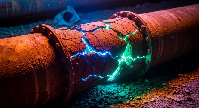 Corroded underground drainage infrastructure shows signs of extreme hydraulic stress and hidden pressure, posing an unseen risk to stability, engineering, grime, wet