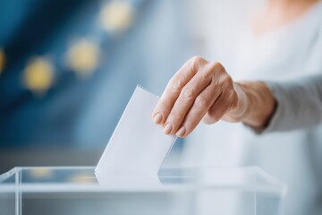 Close-up of an adult woman's hand placing a plain white ballot into a transparent acrylic ballot box, with a blurred background featuring the European Union flag