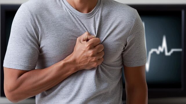 A man clutches his chest in pain, suffering from a heart attack or cardiac issue, with a visible ECG display.