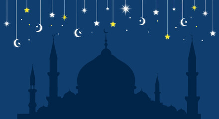 Mosque Silhouette with Crescent Moon Stars. © Fauzi