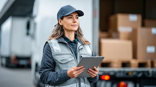 Logistics coordinator checking inventory on tablet while standing in front of delivery truck loaded with cardboard boxes