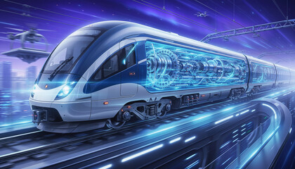 Fototapeta premium A futuristic high-speed train travels through a cityscape, showcasing its inner workings. The train is designed with modern and technological elements