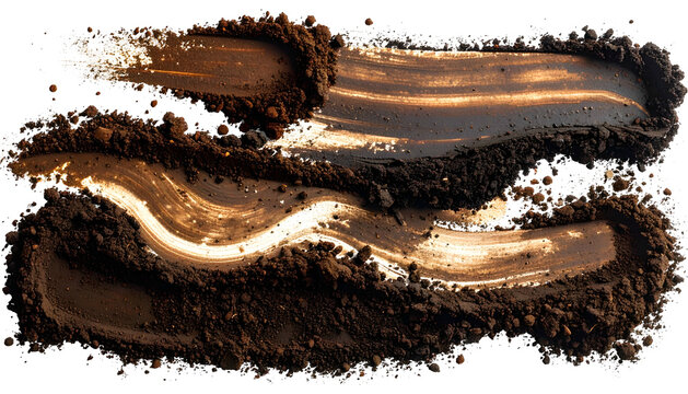 Two parallel strokes of coarse, dark brown powder, possibly pigment, against a white canvas