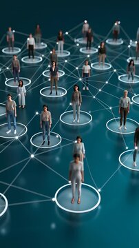 Diverse people standing on glowing nodes connected by lines in a teal 3D network animation, representing social inclusion and community concepts.