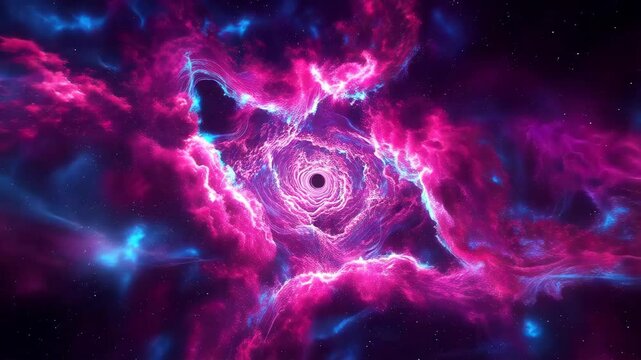 Vibrant purple galaxy swirls around a black hole in space with electric blue lightning.