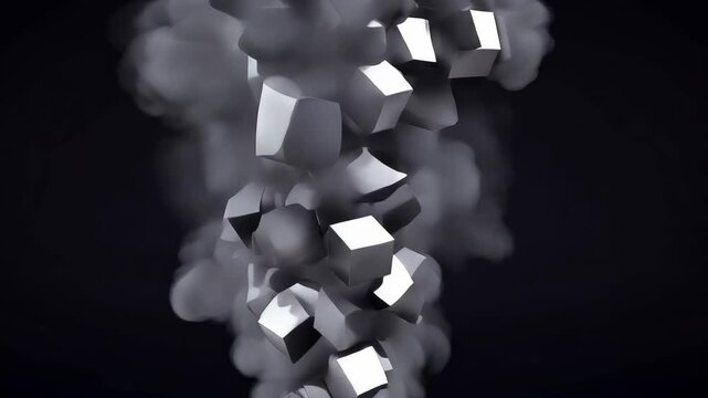 3D model explodes in smoke and fog on dark background