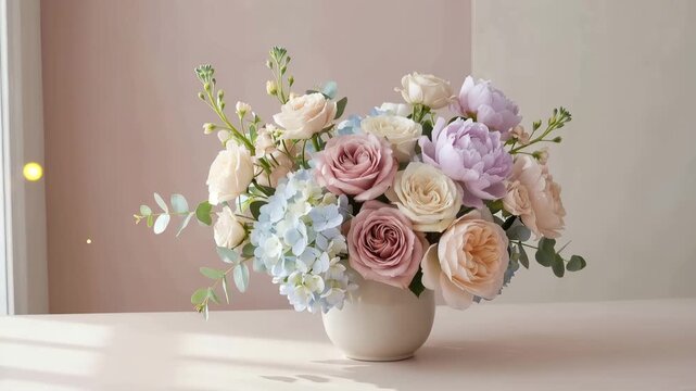 Pastel flower bouquet in ceramic vase on table near window