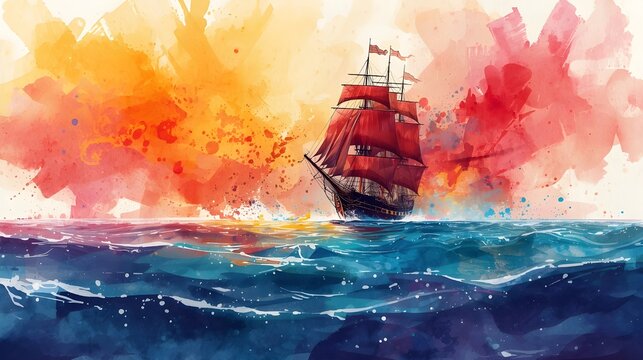 Watercolor design of a historic ship with chains, symbolizing the transatlantic slave trade, surrounded by memorial elements for International Day of Remembrance of the Victims of Slavery