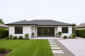 Fototapeta premium Modern Ranch Style Home with Green Lawn and Concrete Pavers Leading to Sliding Glass Doors