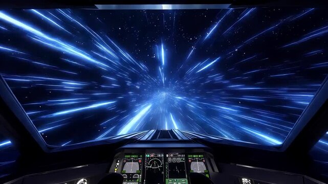 Spacecraft hurtles through blue streaks in cockpit view at high speed