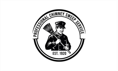 Vintage Chimney Sweep Service Logo with Professional Worker and Broom.