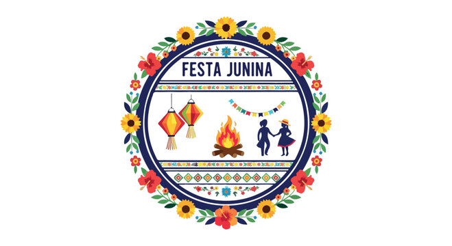 Logo for Festa Junina with colorful kite, campfire, and silhouettes on white background with floral border
