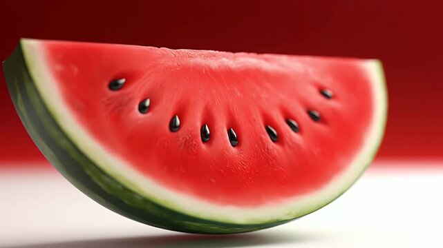 Juicy watermelon slice with black seeds on a red background, a refreshing summer fruit snack