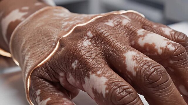 Close-up of a hand with vitiligo, showing the distinct patches of depigmentation on the skin, highlighting the unique skin condition.