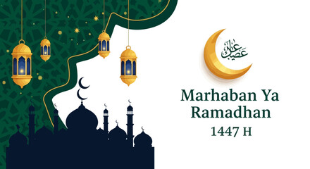 Obraz premium A graphic design featuring a mosque silhouette with lanterns and crescent moon for a Marhaban Ya Ramadhan greeting in a festive Islamic Ramadan illustration with Arabic calligraphy and