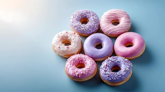 Colorful donuts with sprinkles and frosting arranged on a blue surface viewed from directly above in a circular pattern