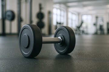 Fototapeta premium Dumbbell Resting on Gym Floor, Promoting Fitness, Strength Training and a Healthy Lifestyle in Modern Gym