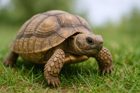 Focused Tortoise Strolling Through Lush Green Grass, Exploring Nature's Wonders on a Sunny Day