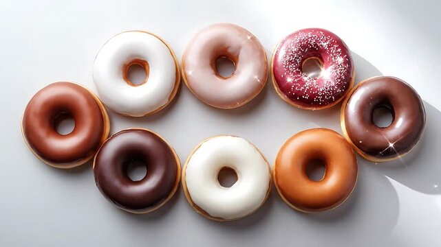 A delicious variety of donuts with different glazes arranged on a white surface viewed from directly above.