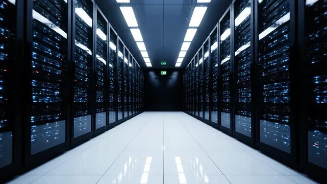 A clean modern server room with rows of racks glowing with blue lights.