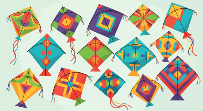 Colorful assortment of decorated kites with vibrant patterns and tassels against a light green background.