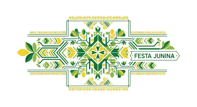 Vibrant Festa Junina logo with green, yellow, and white geometric patterns and floral motifs on a white background.