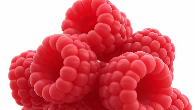 A close-up, detailed shot of a cluster of ripe, juicy raspberries against a clean white background, showcasing their vibrant red color and textured surface