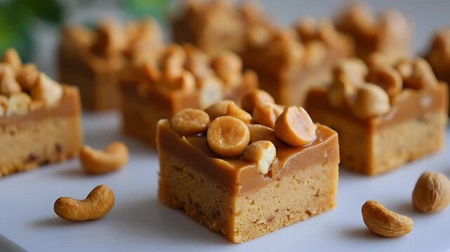 Assorted caramel fudge bars topped with cashews on a white surface, captured in a close-up shot from a high angle.