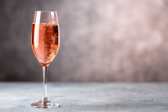 Elegant flute glass of sparkling wine with bubbles on a simple backdrop