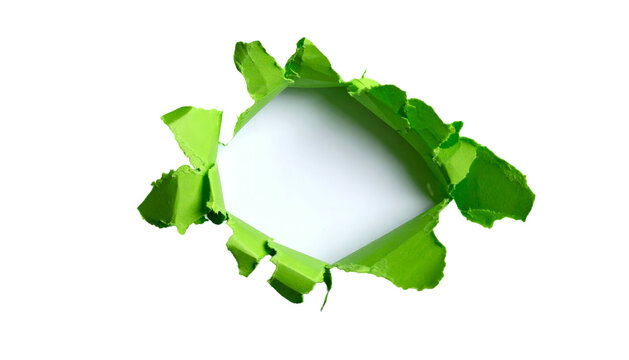 Bright green paper torn to reveal a white void against a black background