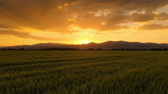 Serene Sunset Over a Golden Wheat Field with Majestic Mountains in the Distance, Capturing the Beauty of Nature's Golden Hour