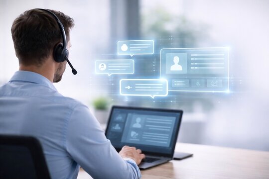 Customer Support Agent Using Laptop with Holographic Chat Interface in Modern Office