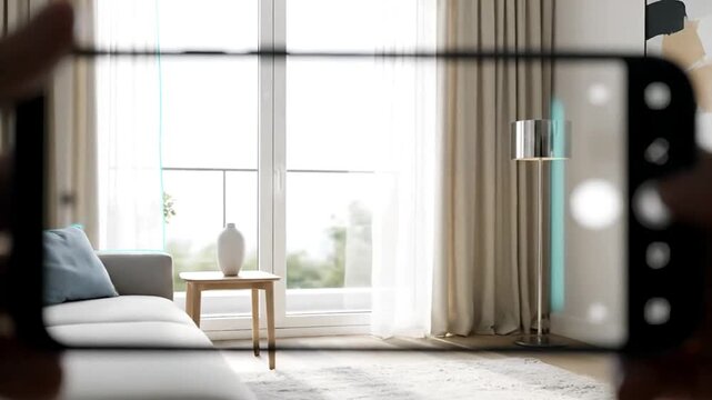 Smartphone POV displays serene living room with gray couch, wooden table, window, lamp and soft lighting