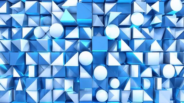Blue geometric shapes background with 3D objects, technology concept for business presentation or website header