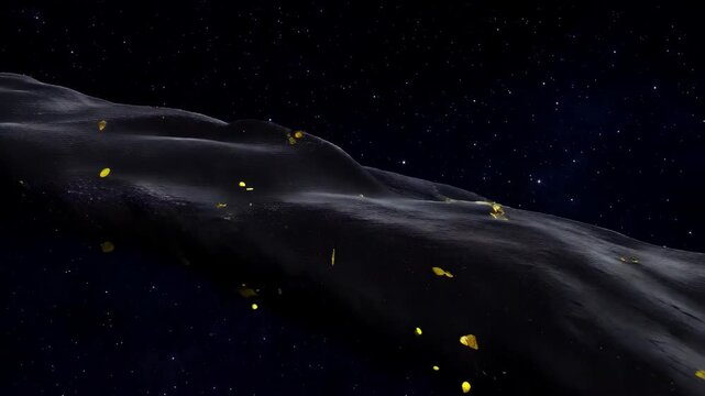 Glowing particles float on a dark wave in space