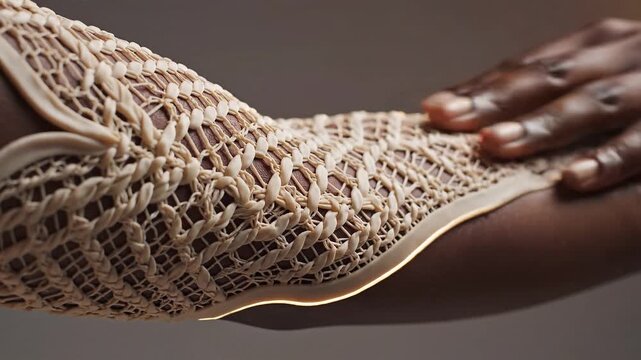 Close-up of a persons arm with a beige mesh sleeve, highlighting the intricate pattern and texture of the fabric.
