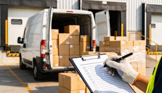 A worker wearing a safety glove checks items on a clipboard checklist near a cargo van filled with boxes at a logistics loading dock.